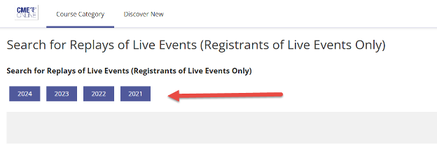 Search page for replays of live events on CME Online. Buttons for years 2024, 2023, 2022, and 2021 are displayed.