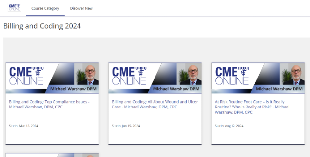 Course page for 'Billing and Coding 2024' on CME Online. Three course cards are displayed with titles, speaker names, and start dates for each session.