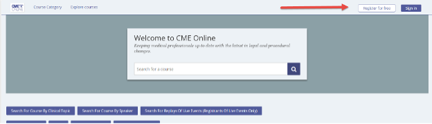 CME Online homepage with a search bar and navigation menu. A red arrow points to the 'Register for Free' button in the top-right corner of the page.