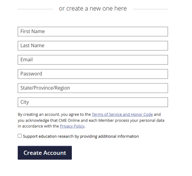 CME Online account creation form with fields for first name, last name, email, password, state/province/region, and city. A 'Create Account' button is at the bottom of the form.