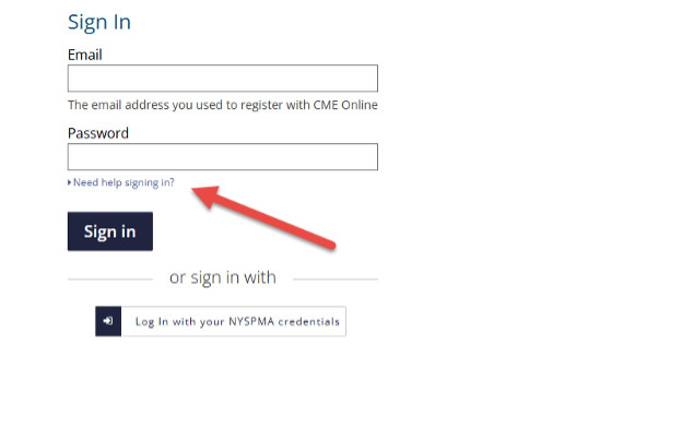 Password assistance page on CME Online with a field to enter your email address. A red arrow points to the email input box. Instructions highlight the importance of checking your spam folder if the email is not received.