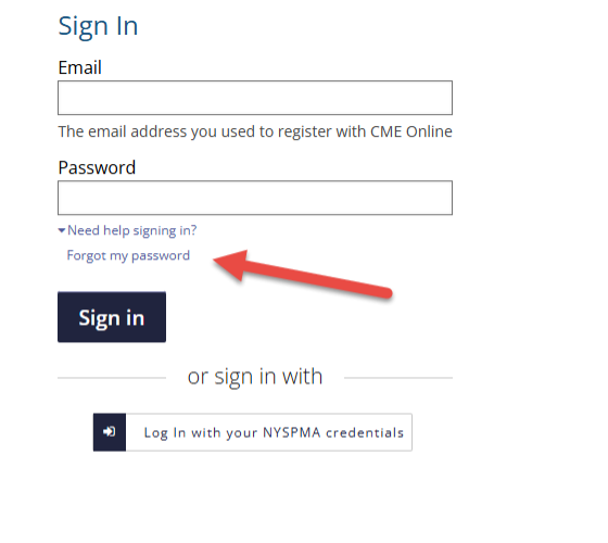 Sign in page on CME Online with fields for email and password. A red arrow points to the 'Need help signing in?' link under the password field.