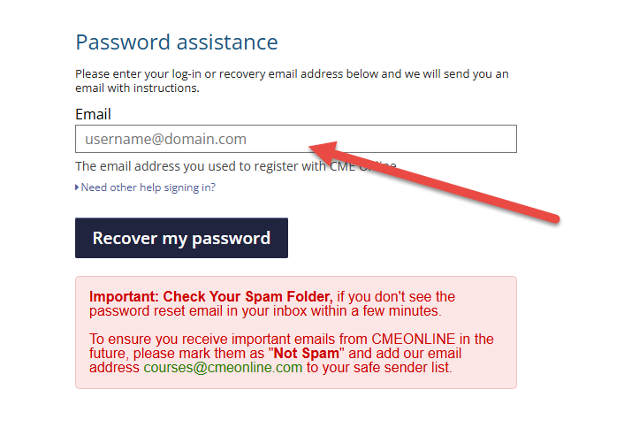 Sign in page on CME Online with fields for email and password. A red arrow points to the 'Forgot my password' link under the 'Need help signing in?' text.