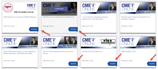 CME Online course selection page for NYSPMA members. Course tiles are displayed, and some include a NYSPMA flag indicating they are available at no fee. Red arrows point to the NYSPMA flags.