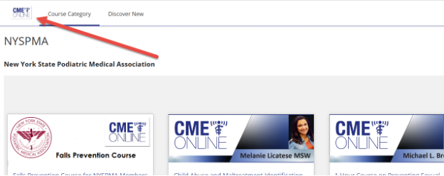 NYSPMA member page on CME Online with a red arrow pointing to the CME Online logo in the top-left corner, which can be clicked to return to the main menu.